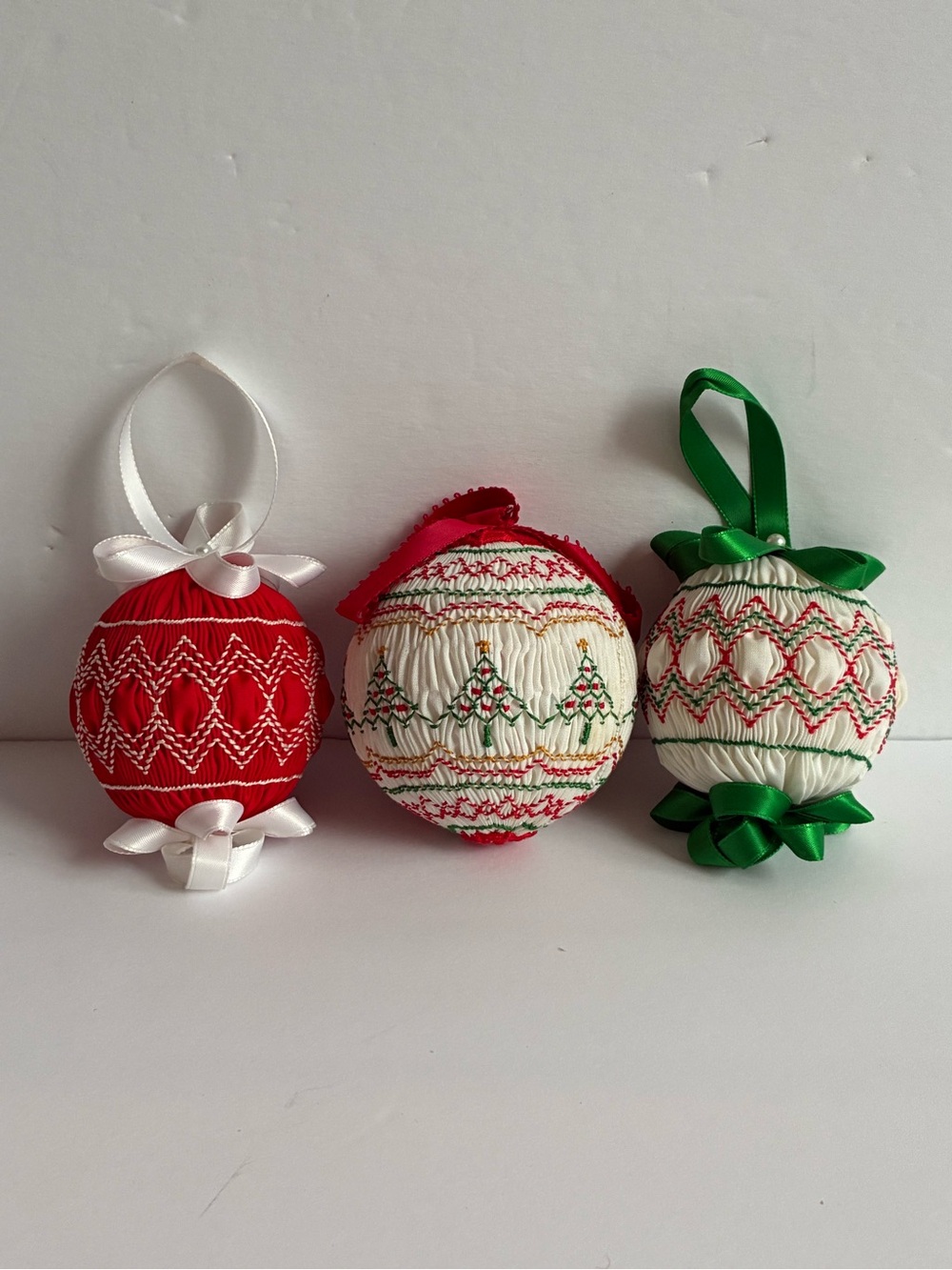 Vintage Smocked Handmade Embroidery Fabric Christmas Ornament Set 3